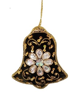 Adorno Navideño de Lujo Hecho a Mano, Campana de Terciopelo Negro con Bordado Zari y Pedrería, Decoración Colgante - Product Image 1