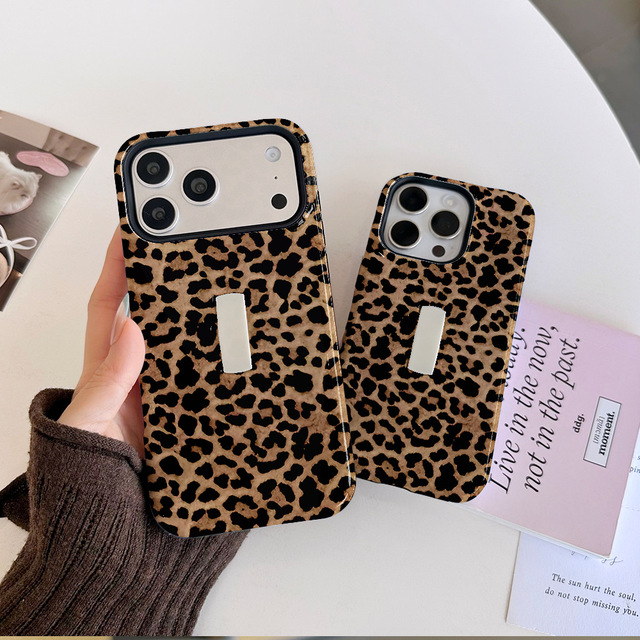Fashion Luxury Leopard Print Phone Case for iPhone 16 17 15 13 12 11 Pro Max 14 Plus Hard Protective Cover 2 in 1 Funda
