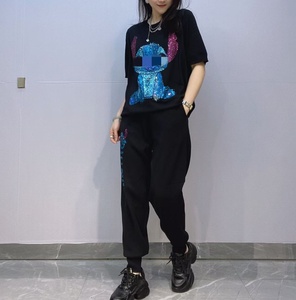 Rhinestone phim hoạt hình phụ nữ ngắn tay áo t Áo sơ mi và quần Bộ hai mảnh phụ nữ thời trang bộ oc1013 - Product Image 2