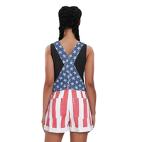 Combinaison en jean pour femme, design personnalisé en usine, mode streetwear estivale, imprimé drapeau américain, bretelles larges, short en jean