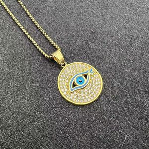 Collier pendentif œil bleu en acier inoxydable, serti pavé, rond, bijoux unisexe, cadeau DZ305B - Product Image 3