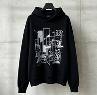 Sweat-shirt à capuche oversize noir avec imprimé graphique abstrait de ville, impression DTG Kornit, logo personnalisé disponible, pull streetwear