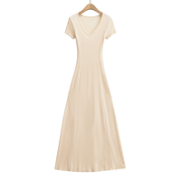 Robe longue en maille à col en V et manches courtes pour femme, élégante, coupe trapèze, ourlet évasé, taille naturelle, ajustée, pour le bureau, le quotidien ou les occasions décontractées