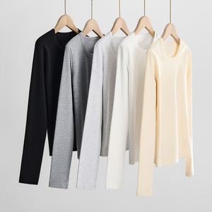 Atacado Personalizado Design Simples Inverno Primavera Manga Longa Colheita de Algodão Top Plain Blank Quente Velo Manga Longa T-shirts para As Mulheres - Product Image 2