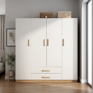 Modern <b>White</b> Wardrobe With Wooden Handles 2 <b>Drawers</b> Freestanding <b>Bedroom</b> Storage Cabinet Minimalist Design - Product Image 4