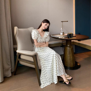 French Style Ruffled Waist <b>Dress</b> With Flutter Sleeves Tie Neck Polka Dot Maxi <b>Dress</b> <b>Elastic</b> Waist Breathable Holiday - Product Image 3