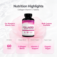 Comprimés de collagène et vitamine C à marque privée, 60 unités, biologiques, végétaliens, pour femmes, éclaircissement de la peau, OEM ODM, personnalisables en vrac