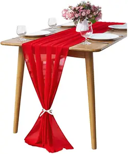 Shaoxing China Supplier Red Solids Color Gauze Woven Plain Chiffon Table Runner for Birthday Party Decoration