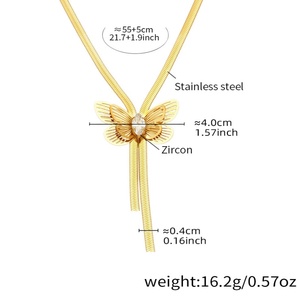 Parure de bijoux en acier inoxydable de luxe léger, avec anneau papillon en zircon double couche ajouré, bracelet, collier à chaîne lame et pampilles, boucles d'oreilles - Product Image 6
