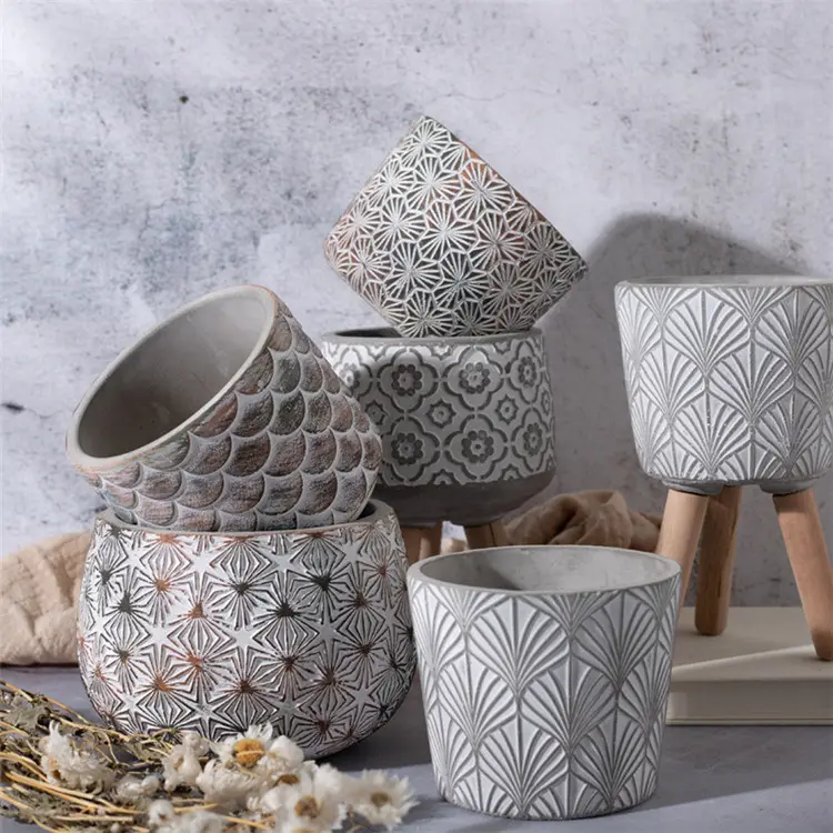 Manufacturer wholesale hand carved embossed interior decorative round cement plant pots designer succulent planter flower pot