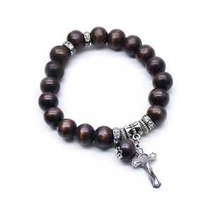 Brown Wooden Beaded Cross <b>Bracelet</b> With <b>Silver</b> Cross <b>Charm</b> For Gift - Product Image 1