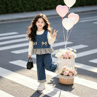 Ensemble 3 pièces pour filles : T-shirt à manches longues, débardeur en jean et pantalon large à carreaux – Tendance coréenne estivale pour enfants