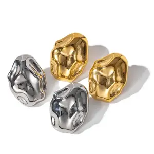 2024 New Arrival 18k Gold Plated Geometric Irregular Hammer Lines Stainless Steel Fashion Chunky Oval Stud Earrings