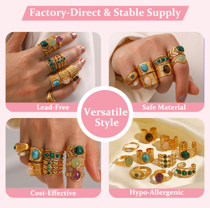 Vente en gros de bagues ouvertes en acier inoxydable vintage euro-américain plaqué or 18 carats avec pierres précieuses opales, bijoux vintage pour femmes - Product Image 2