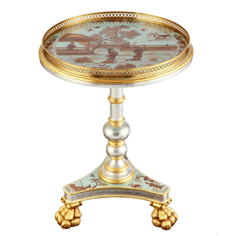 Chinese Factory Three Legs End Table Wooded and Brass Coffee Round Table Golden and Blue Hand-painted Furniture Tea Table