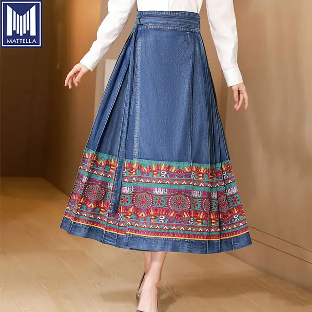 Vintage pattern light weight soft 100% cotton mamianqun horse face long type pleated girls lady women denim skirts