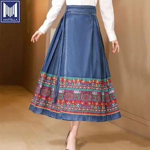 Vintage pattern light weight soft 100% cotton mamianqun horse face long type pleated girls lady women denim skirts