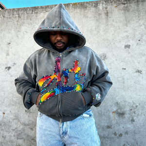 <span class=keywords><strong>Felpa</strong></span> con Cappuccio Oversize Personalizzata con Effetto Sfumato e Pietre Lavate, Zip Frontale, Stile Streetwear con Strass e Stampa DTG - Product Image 3