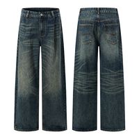 Pantalon en jean délavé style rétro américain, effet vieilli, coupe droite ample et tendance pour homme
