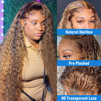 Perruque Lace Front Cheveux Humains Bouclés Ondulés Profonds Pas Chère, Couleur Blond Miel, Cheveux Remy Pré-coupés, Perruques Full HD Lace pour Femmes