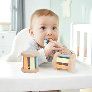 Cloche à tambour roulant Montessori avec poignée en bois, jouets musicaux pour bébé, hochet, ensemble de jouets éducatifs