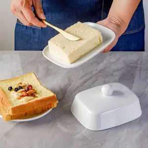 ふたキーパーバターコンテナ付き卸売キッチンホワイトセラミック牛バター皿