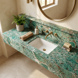 Encimera de Cuarzo Artificial de Alta Calidad OEM con Patrón Artístico Verde Tiffany sin Costuras para Mesa de Comedor, Banco y Recepción - Product Image 2