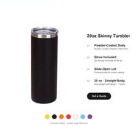 Gobelet isotherme de 20 oz en acier inoxydable avec couvercle coulissant et paille, revêtement poudré, 7 couleurs, logo personnalisé, vente en gros