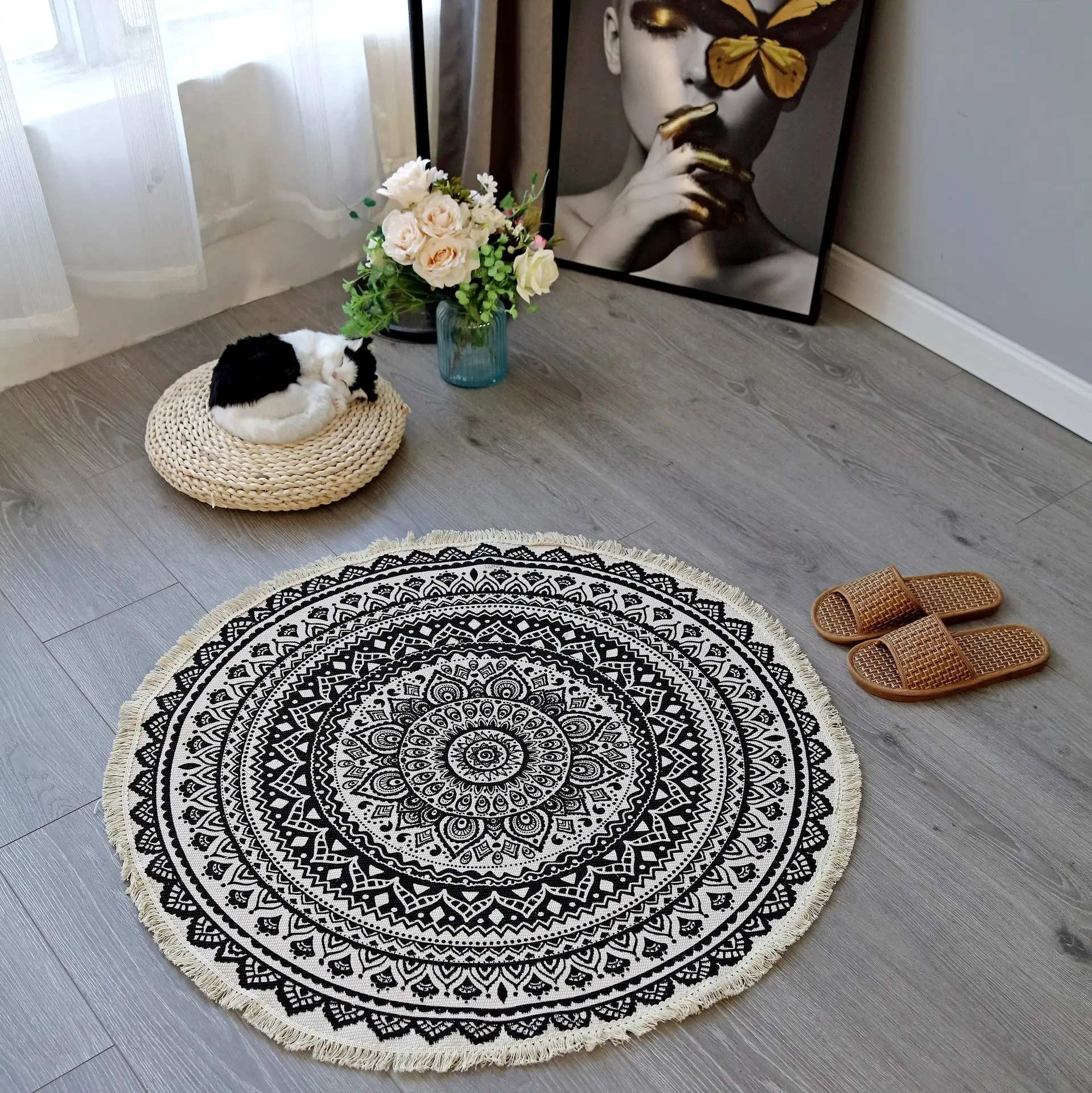 Böhmische runde Teppiche Boho Mandala Quasten Gewebte Baumwolle Kreis Matte für Zuhause Küche Wohnzimmer Schlafzimmer Badezimmer Dekor Teppich