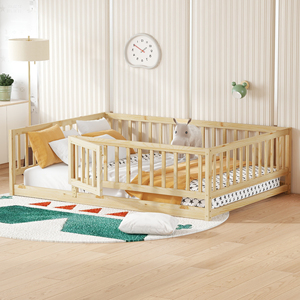 Cama Montessori de suelo tamaño matrimonial de madera con baranda y puerta para niños - Product Image 2