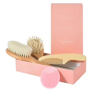 Baby hair bush and comb set for newborns ultra soft natural goat hair and nature wood with soft bristle hair bush and comb set