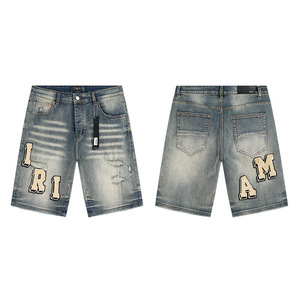 Premium Original Edition AMRY 1.1 Summer Denim <strong>Shorts</strong> Vintage Washed Letter Embroidery Patch Ripped <strong>Jean</strong> Trousers <strong>High</strong> Street - Product Image 3