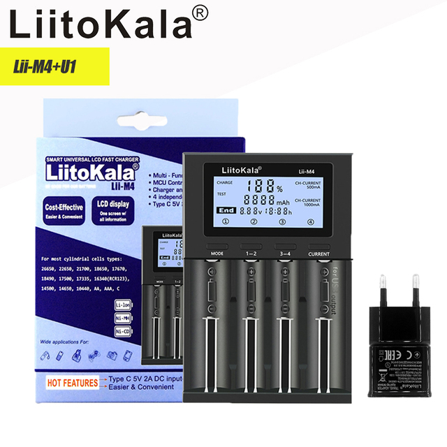 LiitoKala Lii-M4 5V Type-c 3.7V/1.2V AA/AAA 18650/26650/16340/14500/10440/18500 Detectable Capacity Battery Charger with Screen