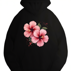 Sudadera con Capucha Casual para Mujer, Estampado Floral de Hibisco Rosa, 100% Poliéster Tejido, Sudadera de Verano con Bolsillos - Product Image 1