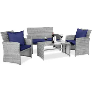 Outdoor Backyard Garden Chair Sets Tempered Glass Tabletop Wicker Patio Conversation Furniture Set