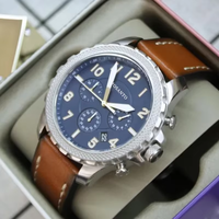 Montre chronographe à quartz pour homme, cadran bleu, chiffres arabes, lunette moletée, bracelet en cuir marron, date, montre sport pour homme
