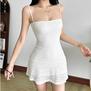 White Textured Slim Fit Spaghetti Strap Dress Tight Waist Breathable Casual Summer Skirt Daily Wear - Product Image 3