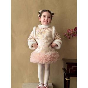 Traditional Chinese Style Winter Dress For Baby Girls New Year Outfit Princess Dress With Fur Trim And Ruffles - Product Image 2