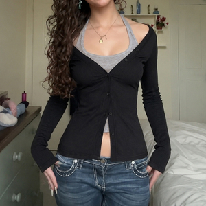Top de punto con cuello halter y bloques de color, camiseta informal de manga larga para mujer, estilo de moda urbana minimalista retro Y2K - Product Image 1