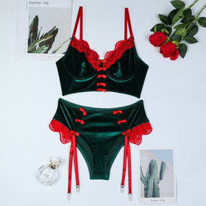 Nouveauté - Ensemble de lingerie en velours de Noël à col en V, 2 pièces, vente en gros, ensemble de sous-vêtements décorés de dentelle érotique - Product Image 6