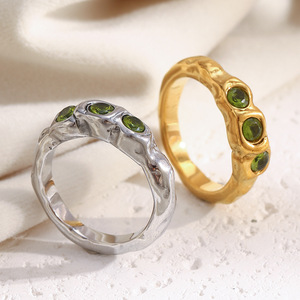 Anillos Apilables para Mujer, Diseño Vintage, Textura Arrugada, Zirconia Verde, Acero Inoxidable, Chapado en Oro, Mini, Estilo Cold Wind, Personalizados - Product Image 6