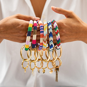 Boho Handmade Crochet Beaded Wristlet Keyring DIY Custom Color Bangle Bracelet Key Holder Women <strong>Bag</strong> <strong>Charm</strong> - Product Image 1