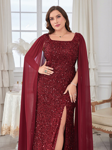 Robe de soirée formelle maxi moulante pour <span class=keywords><strong>femme</strong></span>, de haute qualité, à col <span class=keywords><strong>carré</strong></span>, manches extra-longues évasées, fente sur la cuisse, broderie de sequins - Product Image 6