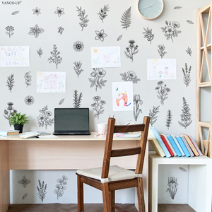 Adesivi murali in bianco e nero con line art di piante e fiori, adesivi murali autoadesivi per decorare il soggiorno e la parete di fondo della casa. - Product Image 6