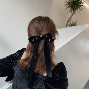 Solid Color Velvet Bow Hair Clip with Crystal Flower Design French Barrette Spring Clip for Women Party Use - Product Image 5