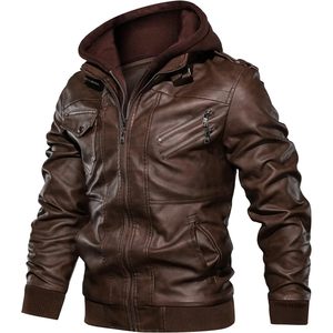 Veste en simili cuir pour homme personnalisée, marron, style motard, coupe-vent avec capuche amovible - Product Image 1