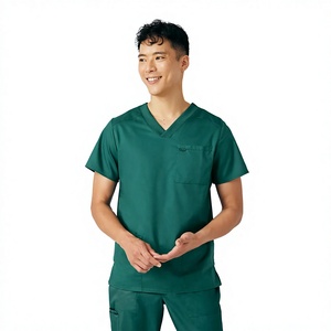 Conjunto de uniforme médico unisex gris al por mayor OEM, pantalones de tela de elastano/poliéster y blusa con cuello en V, detección de agujas - Product Image 1