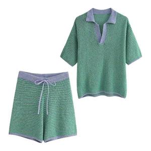 Nouveau produit Explosion ensemble de pulls pour femmes bloc de couleur pull à col rabattu à manches courtes ensemble anti-rides pour femmes - Product Image 6