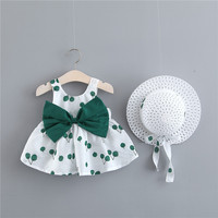 Robe d'été pour petites filles, vêtements pour enfants, avec nœud papillon, imprimés cerises, fleurs, uni-turquie, chapeau, nouveau