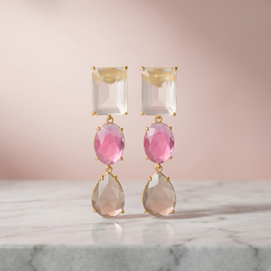 Superbes boucles d'oreilles pendantes tendance bohèmes en laiton avec tourmaline rose et pierre précieuse champagne pour enfants 12*16/10*14 MM – Cadeau - Product Image 2